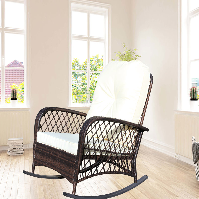 Wide Seat Outdoor Rocker With Comfortable Cushion - Beige Suitable For Patio, Garden, Backyard Robust Steel And Build, Beige