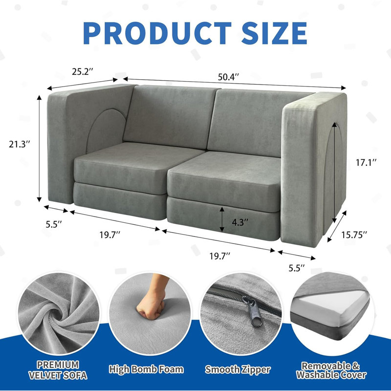 Camborne Kids and Toddler Play Couch , Convertible Folding Sofa, Modular Kids Couch for Playroom Bedroom, 10 in 1 Multifunctional Couch