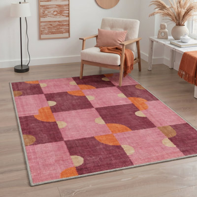 Tapis lavable à la machine antidérapant à motif géométrique rose bourgogne 