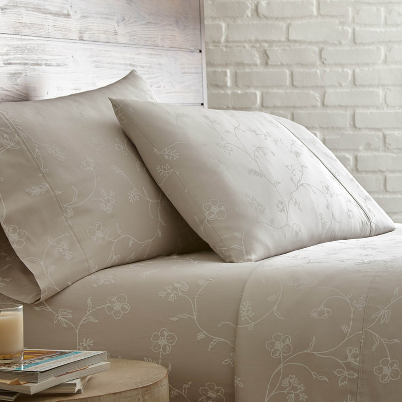 Southshore Fine Linens Sweetbrier Sand Floral Extra Deep Pocket Sheet Set, 100% Cotton 300 Thread Count Sateen Bedding, 2 Pillowcases, 22-Inch Deep Pocket, Queen