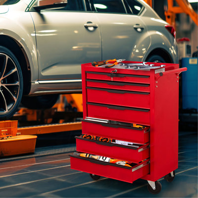 Armoire à outils à 7 tiroirs, coffre à outils en métal de grande capacité avec roulettes et verrouillage des cylindres, chariot à outils de rangement pour garage, entrepôt, atelier