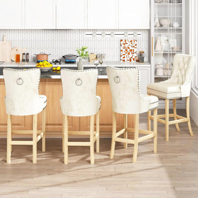 Farmhouse Kitchen Island Stools, Velvet Tufted Bar Stools With Back And Footrest