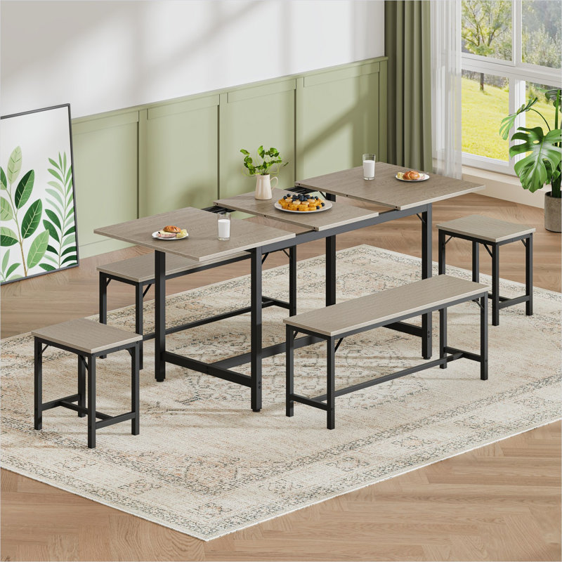 Ensemble de table de salle à manger extensible de 63 pouces pour 8 personnes, panneau de particules gris doux, table de cuisine rectangulaire avec 2 bancs et 2 tabourets, structure en T en métal, peu encombrant