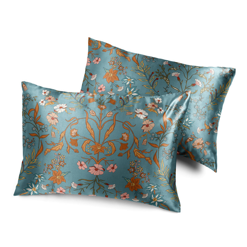Boho Floral Wildflower Blue and Orange Satin Decorative Rectangle Indoor Pillowcases - 2 Pack Set by Sweet Jojo Designs