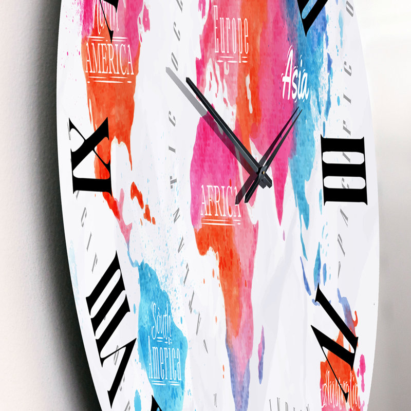 Carte du monde en bleu - horloge murale moderne, Moyen, Rose