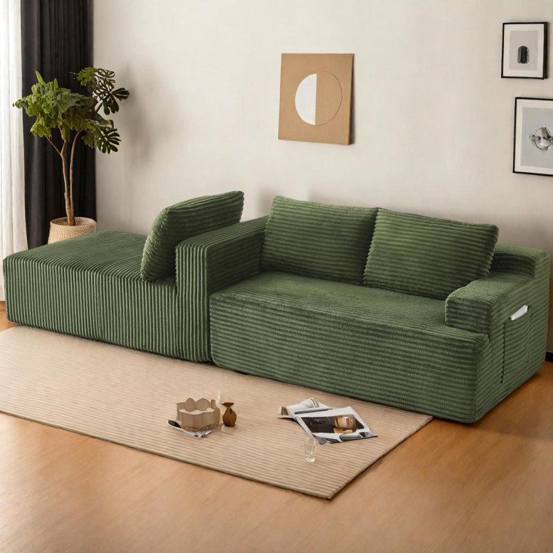 Canapé-lit modulaire en L en forme de L avec siège profond, sans assemblage, tissu en velours côtelé, Vert