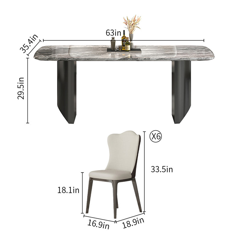 Grey Luxury Marble Rectangular Dining Table Sets, 29.5"H x 63"L x 35.4"W, 7 Pieces: Table, 6 Chairs