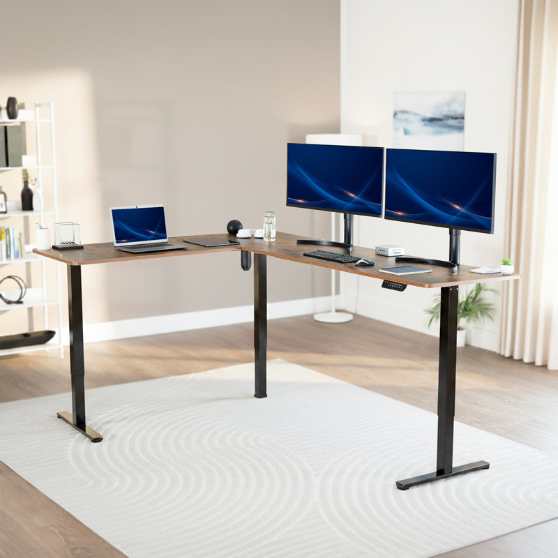 Bureau d'angle électrique VIVO, poste de travail en L, Brun rétro / noir, L 84,6 po x P 63 po