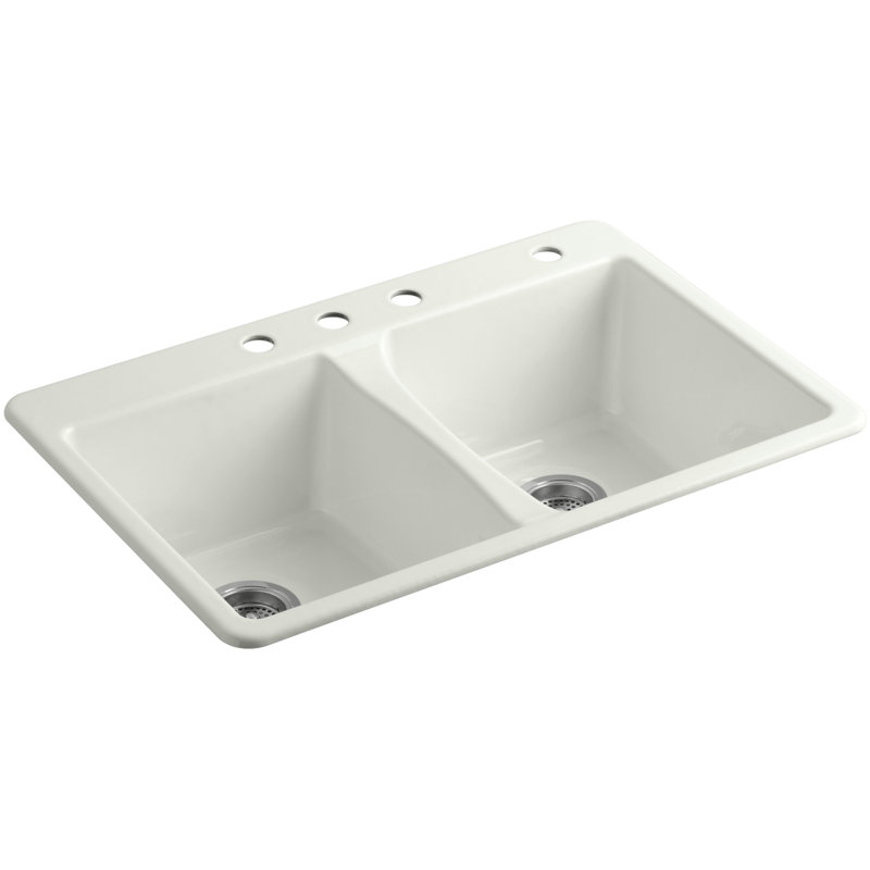 Deerfield 33" L x 22" W Double Basin Drop-In Kitchen Sink with Accessories, Dune, 4 Hole