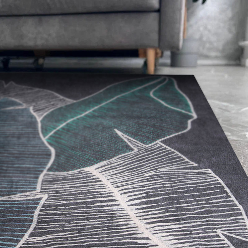 Tapis décoratif à motif floral noir et blanc à feuilles vertes, Tapis de couloir 2 pi 6 po x 5 pi