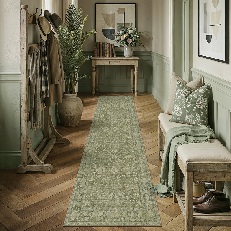 Tapis floral lavable à la machine avec envers antidérapant Veyra, Vert, Runner 2' x 8'