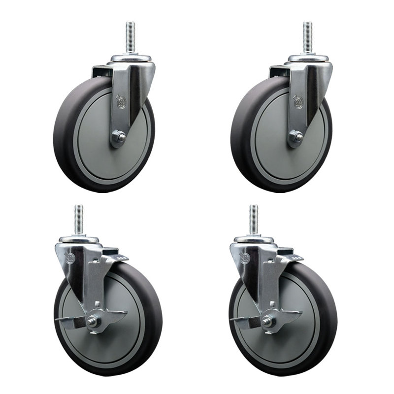 Rubber Wheel Swivel 5/8 Inch Threaded Stem Caster Set 2 Brakes
