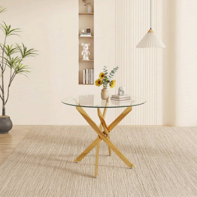 Table de salle à manger ronde en verre 35,5 pouces avec pieds dorés, élégante pour la salle à manger et la cuisine
