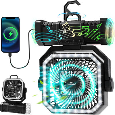 20000Mah Portable Camping Fan W/Bluetooth Speaker, Rechargeable Battery Operated Oscillating Camp Tent Fan W/Remote Control, 4 Speeds, LED Lights And 360° Rotation Hook For Outdoor RV Travel