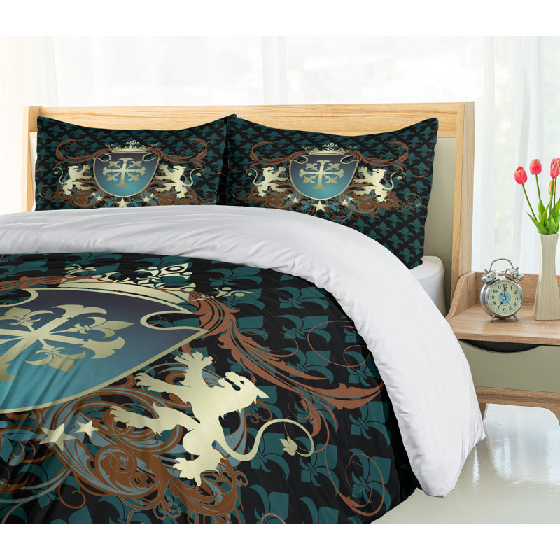 Medieval Heraldic Teal Black Microfiber Queen Duvet Set