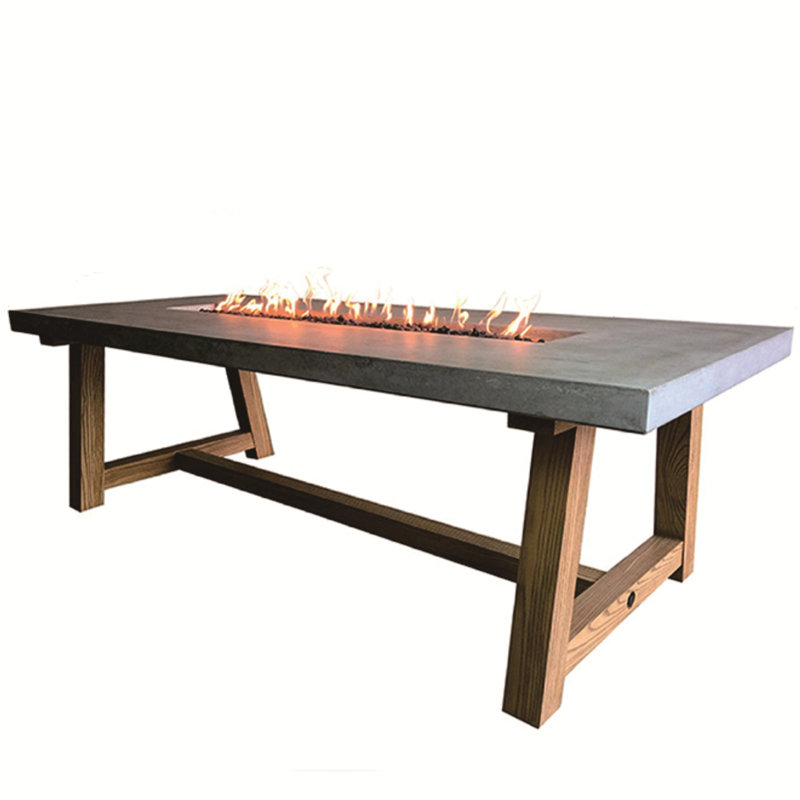 Workshop 83" Outdoor Concrete Dining Fire Table with Natural Ashwood Legs 45,000 BTU - Includes Lava Rocks & PVC Cover