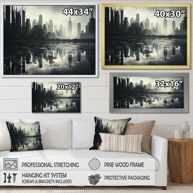 «Skyscrapers Urban Mirage IV», reproduction sur toile, H 24 po x l 32 po x P 1 po, Cadre doré simple
