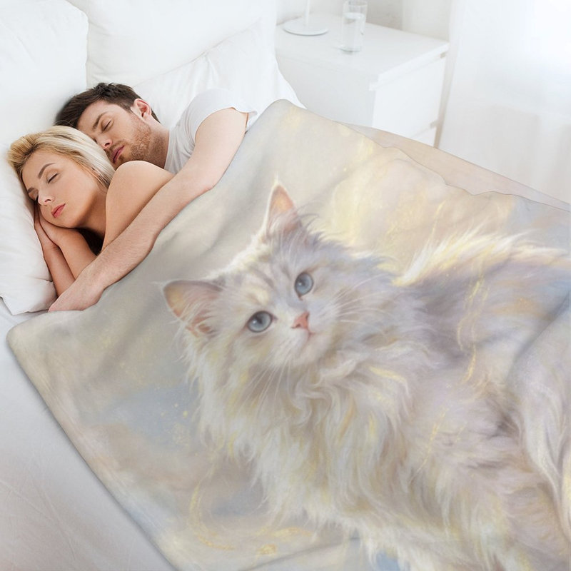 Jeté en flanelle de luxe avec yeux bleus et chat blanc, 30 po x 40 po