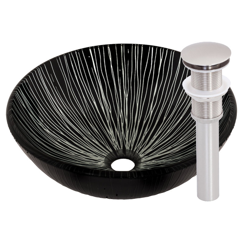 Lavabo de salle de bain vasque circulaire en verre trempé noir peint à la main, Nickel brossé