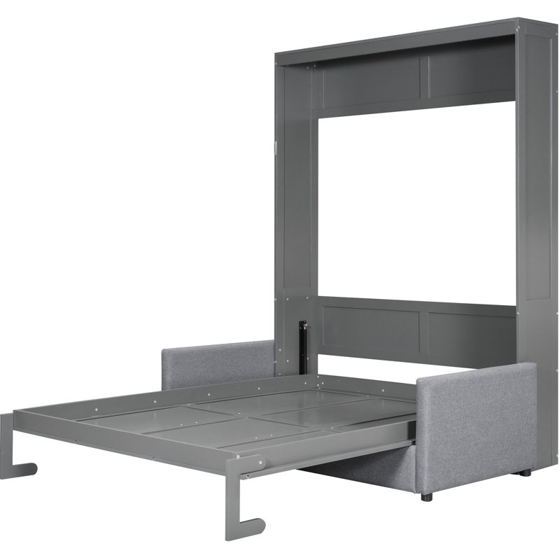Grand lit gris avec coussin, multifonctionnel pour le confort et l'espace, rangement élégant, rangement mural à deux pistons, fonction de sommeil confortable, peu encombrant, fabrication en contreplaqué
