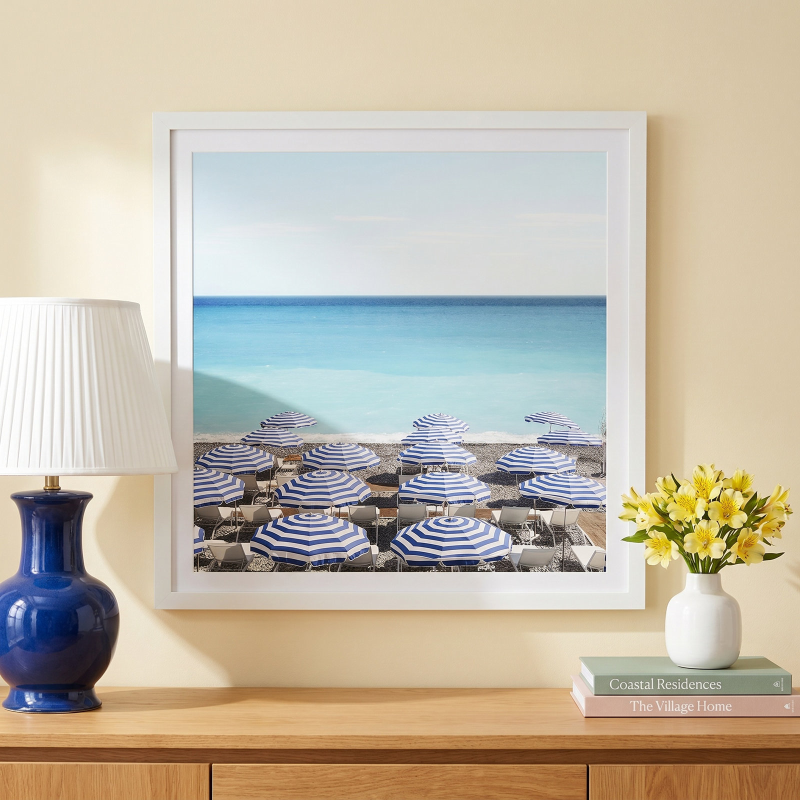 Niels "Blue Beach Umbrellas" Photo Print, Yes, White Framed Paper, 30" H x 30" W x 0.75" D