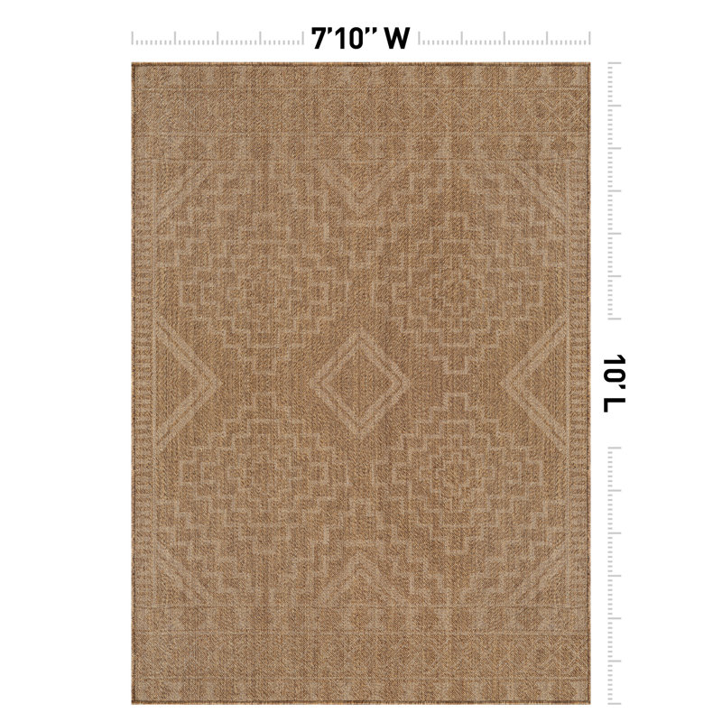 Geometric Border Sand/Natural Easy-Care Jute-Style Indoor/Outdoor Flat Woven Area Rug, Rectangle 7'10" x 10', Sand