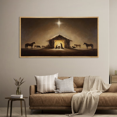 Scène de crèche classique classique avec chevaux et Sainte Famille sous une lueur dorée - grande reproduction d'art sur toile encadrée