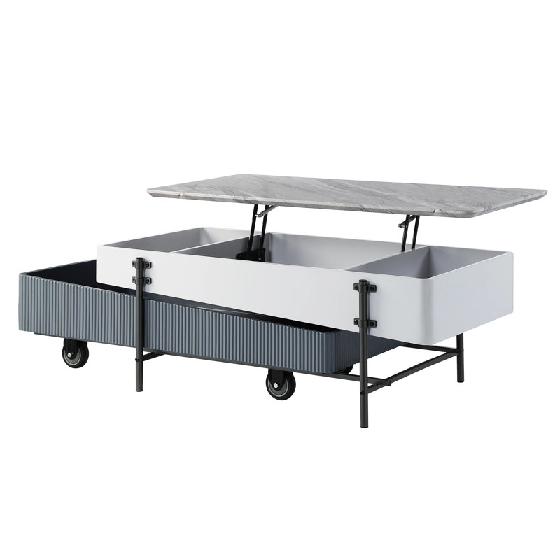 Table basse grise et blanche ultrabrillante avec espace de rangement mobile