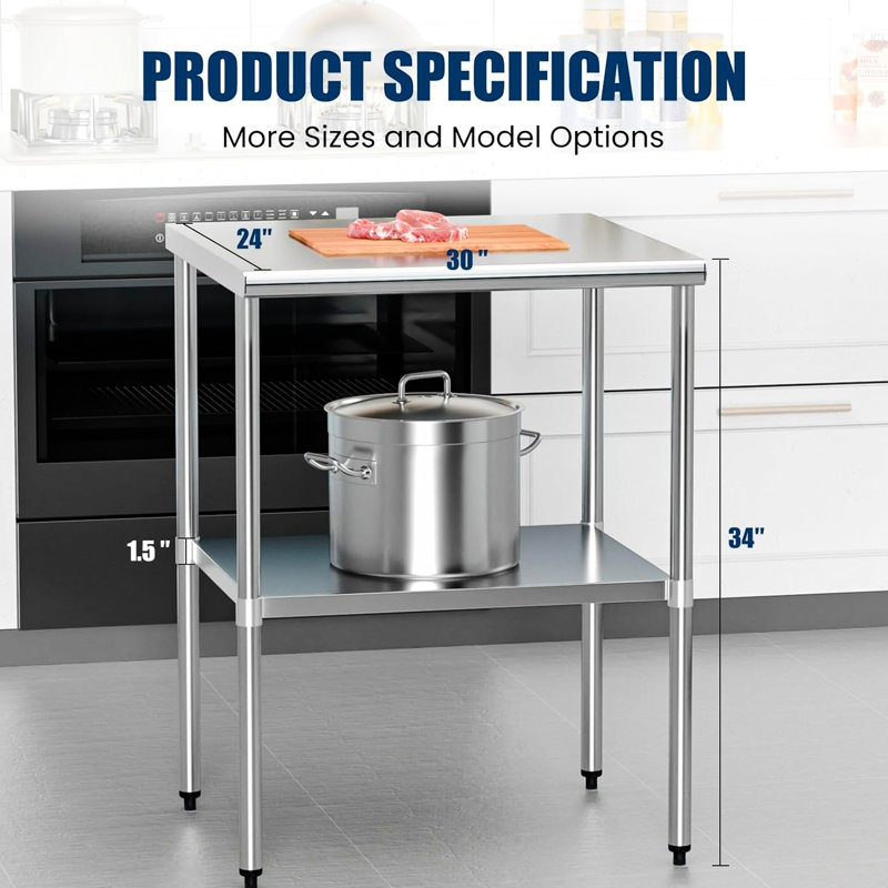 Table de cuisine en acier inoxydable de 24 po x 30 po - Espace de travail spacieux, support sous la tablette de 380 lb, facile à assembler