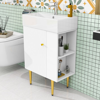 Bathroom Vanity Combo with Ceramic Sink, Right-Side Storage and Golden Legs