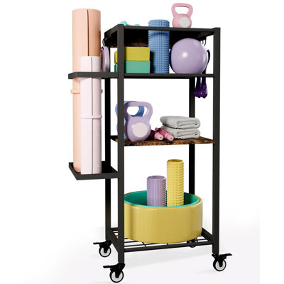 Yoga Mat Storage Rack With Wheels, 3 Tier Home Gym Workout Equipment Organizer For Dumbbells, Kettlebells, Foam Rollers, Black