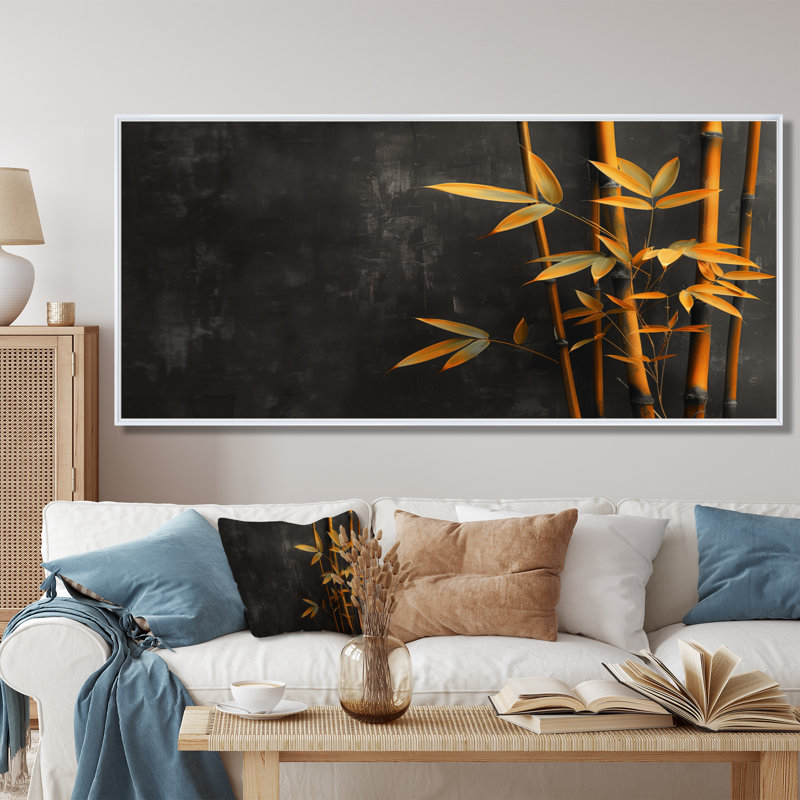 Jaune, jaune, charme rustique, bambou, art mural de salon en bambou, H 28 po x l 60 po x P 1,5 po, Cadre flottant blanc