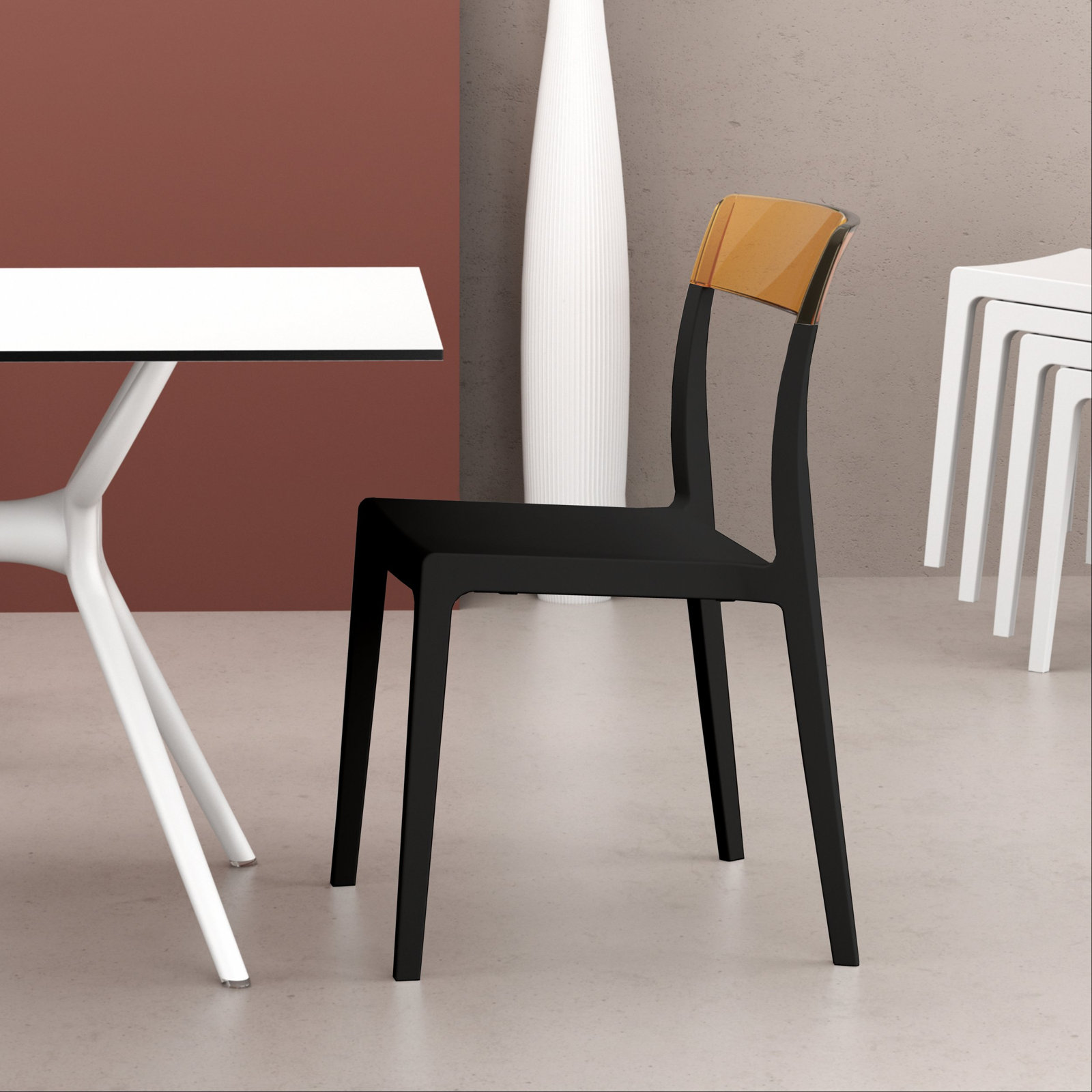 Kliebert Stackable Patio Side Chair, Black/Transparent Amber