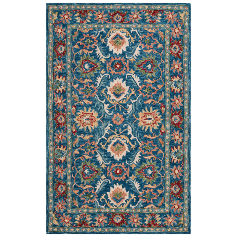 Roshaunda Handtufted Wool Cotton Oriental Rug in Blue/Green, Rectangle 4' x 6'