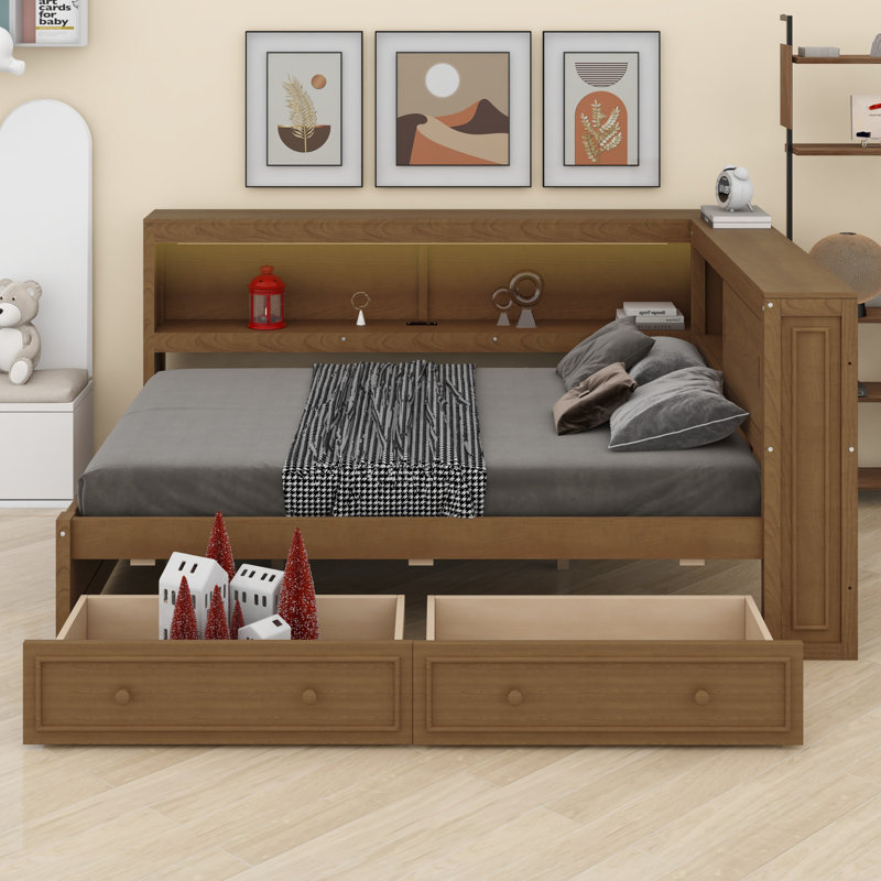 Lit de jour avec tablettes et deux tiroirs, Couleur de bois antique
