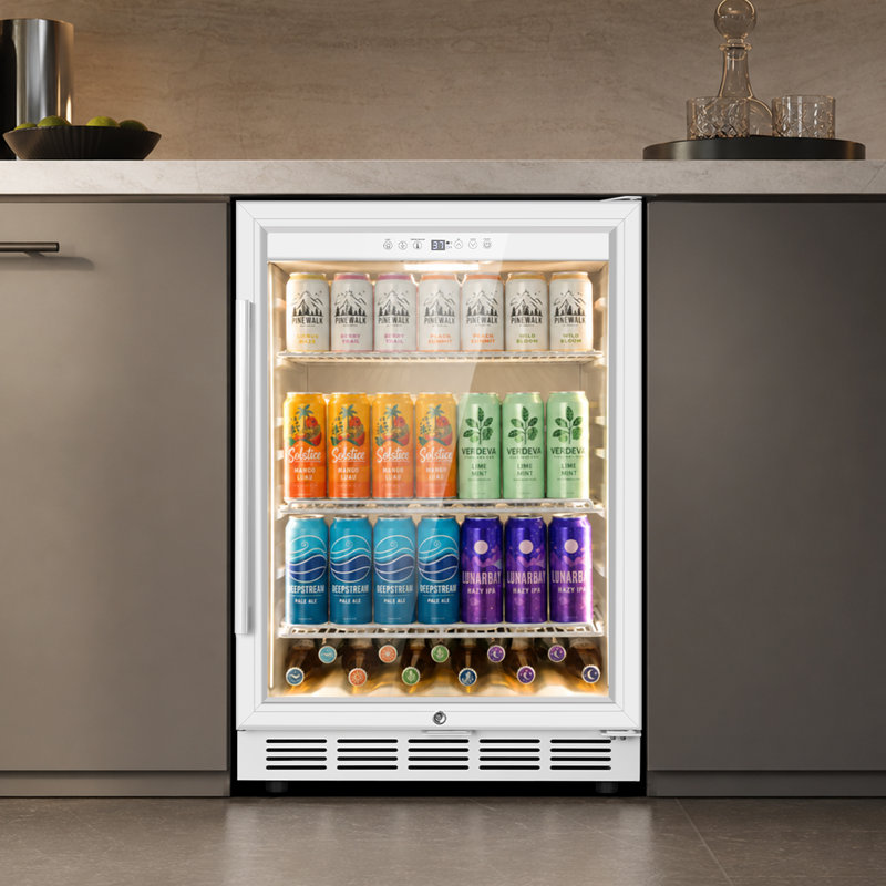 24-inch 210 Can Freestanding/Built-in Beverage Cooler - Energy Efficient, Quiet, Home Bar Fridge with Safety Lock, White