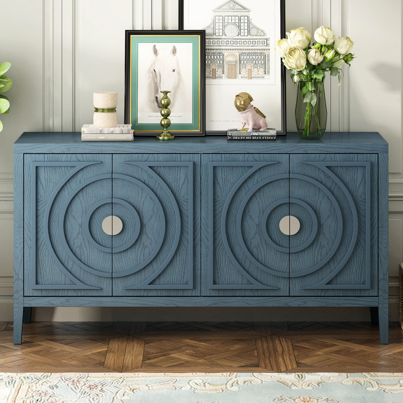 Buffet rétro à 4 portes, bleu antique - armoire pour verrerie, placard de rangement de style campagnard, mobilier d'entrée, poignée ronde en métal pour le salon