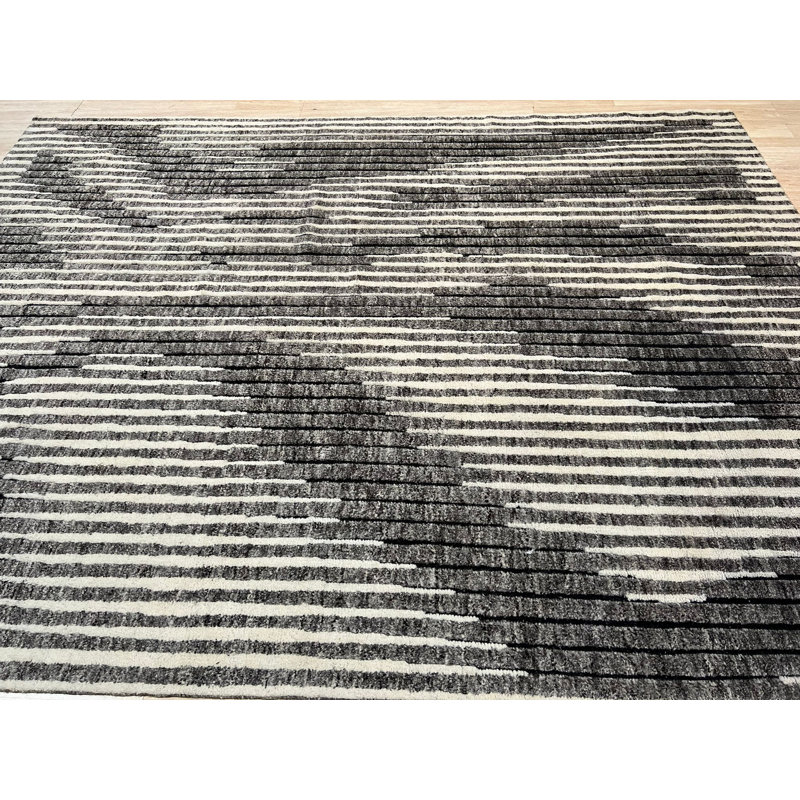 Tapis contemporain gris / blanc en laine noué à la main Contemporary, Rectangle 7 pi 9 po x 9 pi 9 po