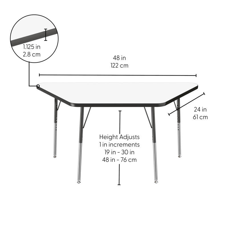 Table d'activité trapézoïdale effaçable à sec avec pieds réglables, 30 po x 60 po, Tableau blanc / noir