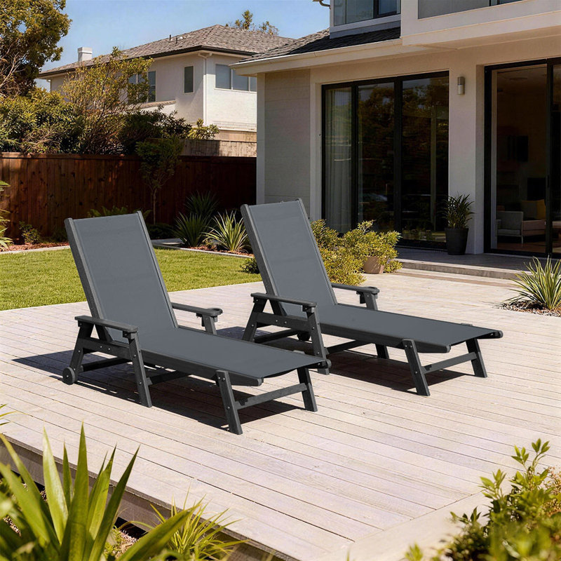 HDPE & PVC-coated polyester Outdoor Chaise Loungers with Arms, 5-Position Adjustable Backrest, Wheeled, Hidden Cup Holders, Set of 2