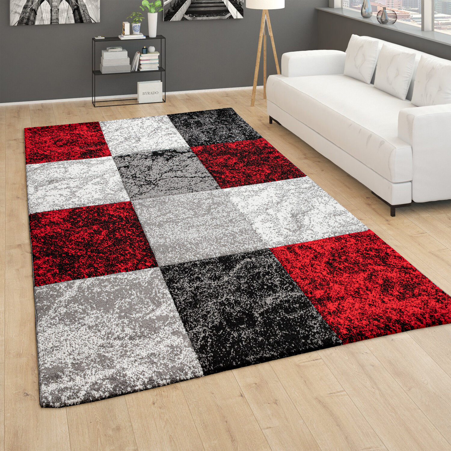 Wohnzimmer Logan Kurzflor Rot Geometrisches Wade Design Grau 3D Teppich Muster Kariert