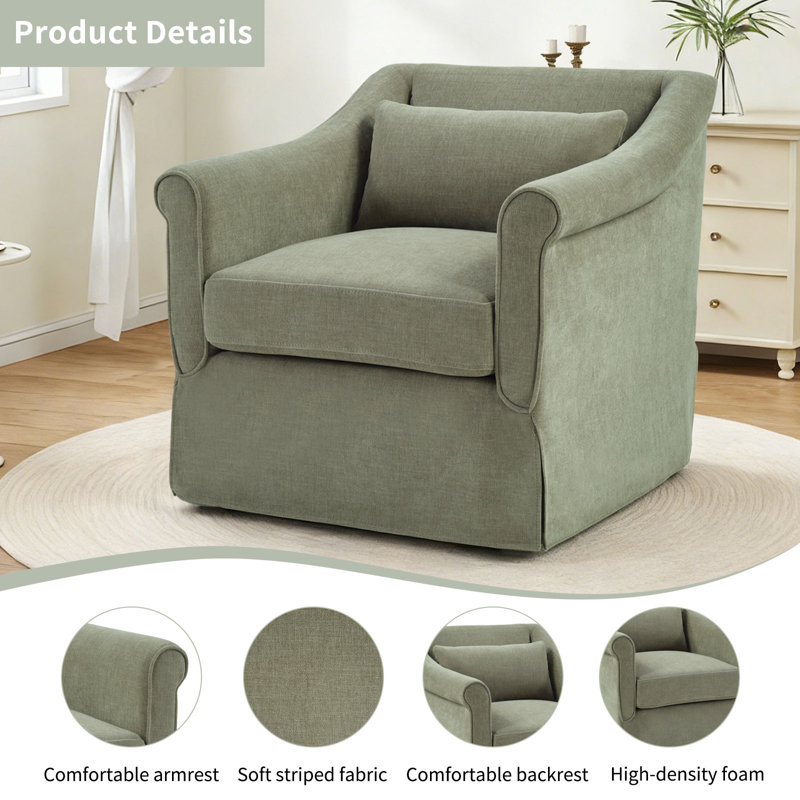 30" Wide Modern Soft Upholstered Swivel Accent Chair With Lumbar Pillow, Green