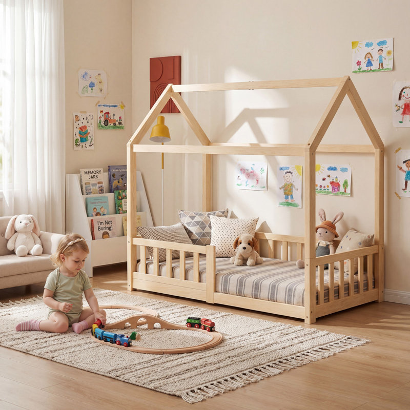 Structure de lit en bois de pin massif pour enfants Montessori, Couleur du bois naturel