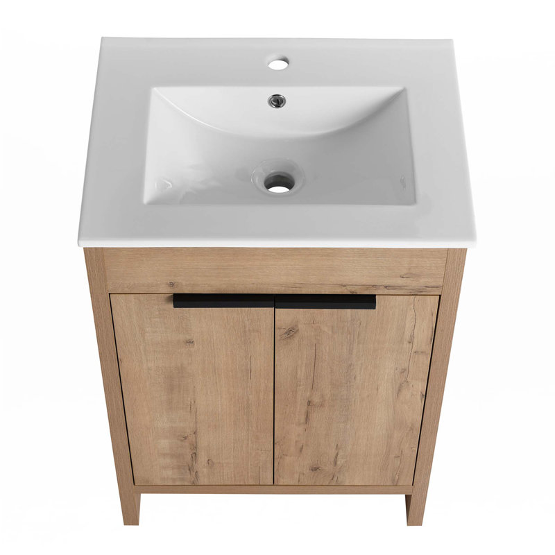 Meuble-lavabo autoportant avec lavabo en céramique, Chêne, Blanc