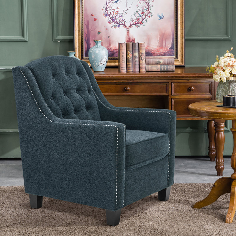Leomar Modern Accent Armchair, Upholstered Nailhead Trim, Light Blue Chenille
