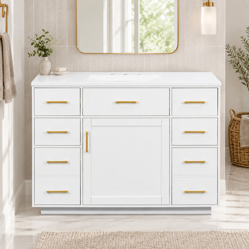 Meuble-lavabo Highworth avec 7 tiroirs, poignées et porte à fermeture en douceur, Blanc