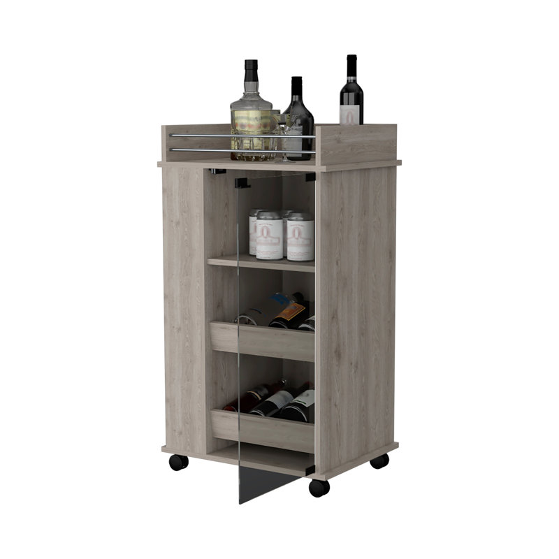 Chariot-bar avec tablettes à deux côtés Beaver, porte vitrée et surface supérieure, Gris / Brun, Bois d'ingénierie