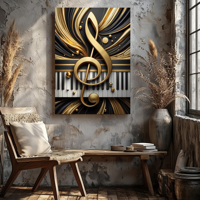 La toile crée une conception abstraite vibrante et dynamique mettant en vedette un grand art mural stylisé clé de sol dorée au centre entourée d'art sur toile