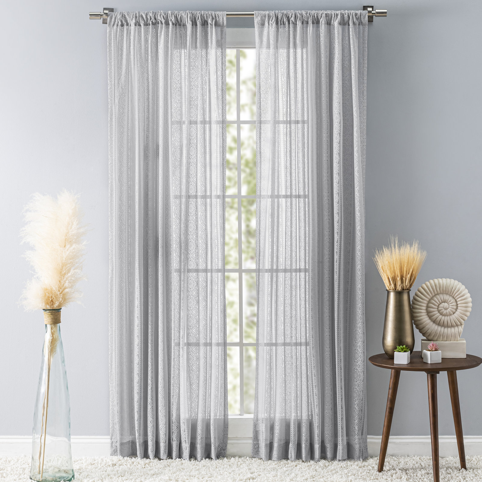 Erial Geometric Lace Semi-Sheer Curtain Panel, 54'' W x 63'' L, Gray