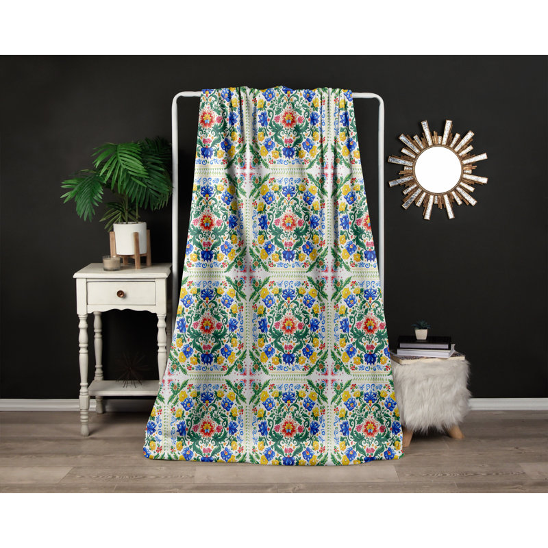 Throw Blanket, 68" W x 80" L, Blue/Yellow/Red, Checkered/Floral